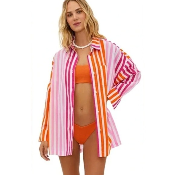 BEACH RIOT Shirt Womens Small Medium Pink Orange Alexa‎ Stripe Button Down Swim - Picture 3 of 12